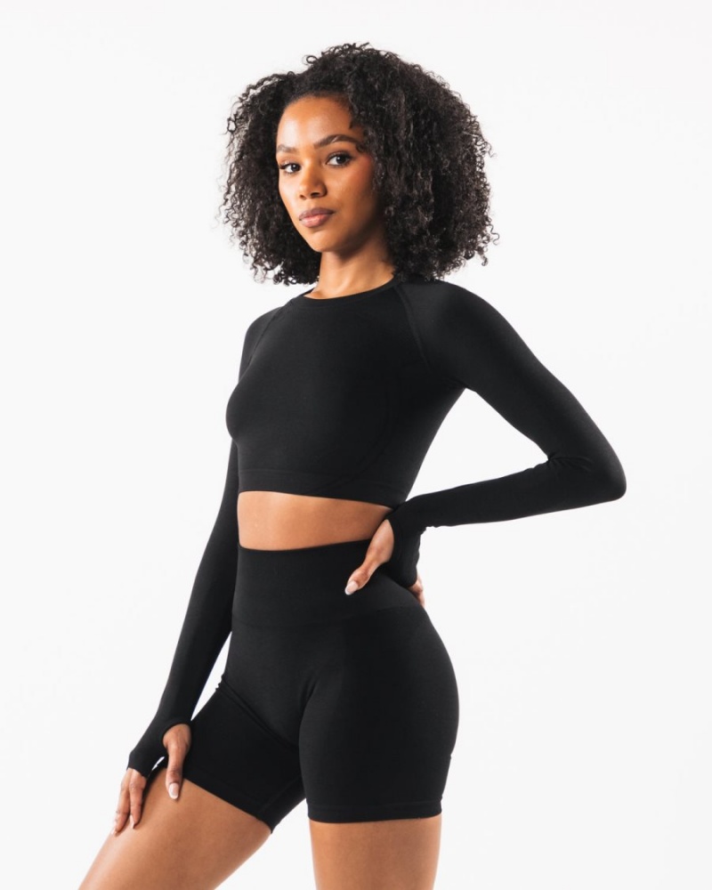 Women's Alphalete Stratus LS Crop Long Sleeve Black | 4027-XFOEI