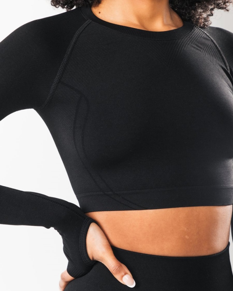 Women's Alphalete Stratus LS Crop Long Sleeve Black | 4027-XFOEI