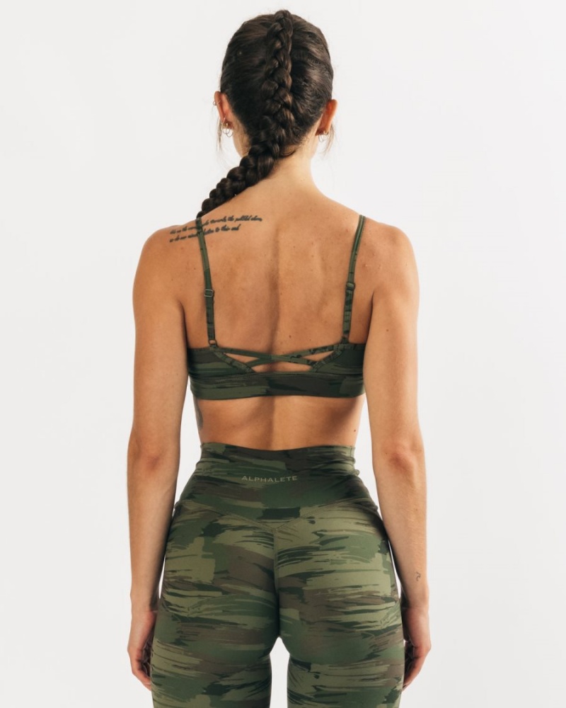 Women's Alphalete Surface Limitless Bra Sports Bra Olive Canvas Camo | 3407-CXUEV