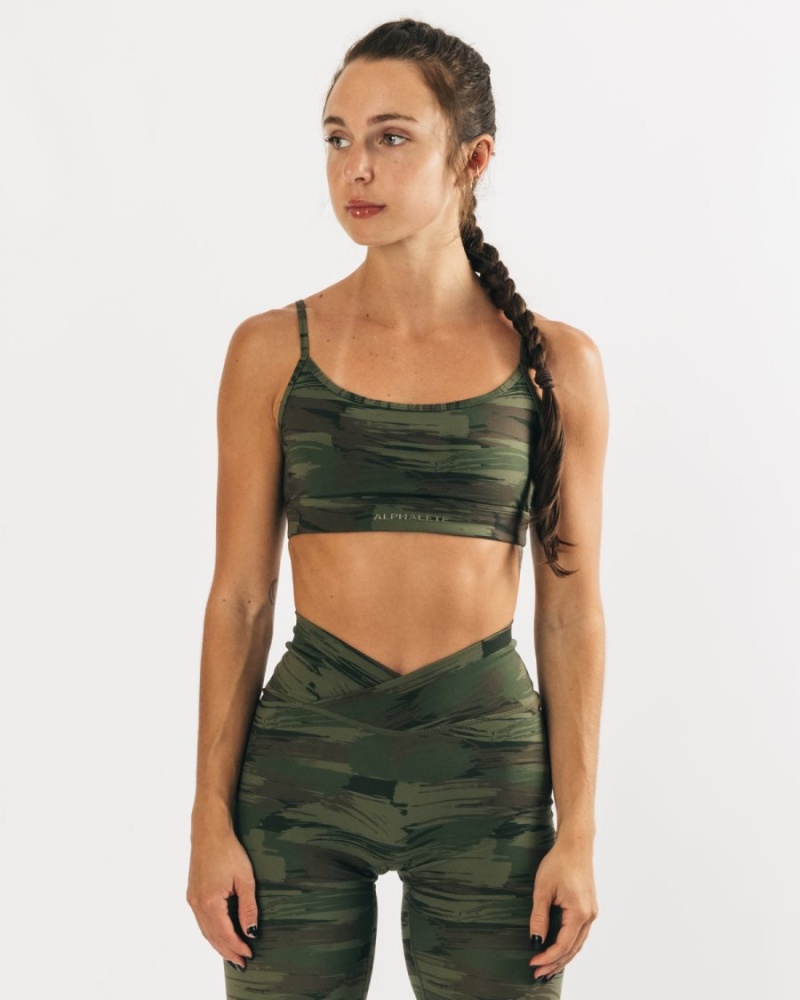 Women's Alphalete Surface Limitless Bra Sports Bra Olive Canvas Camo | 3407-CXUEV