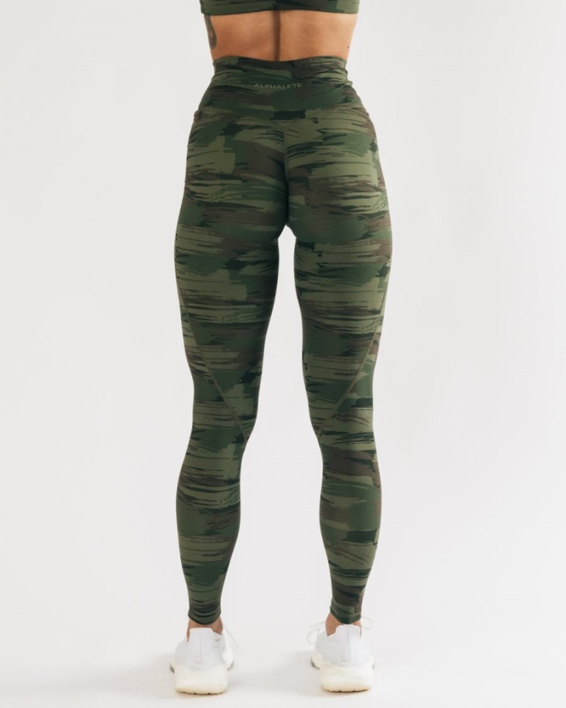 Women's Alphalete Surface Power Legging Leggings Olive Canvas Camo | 3291-UTGDV