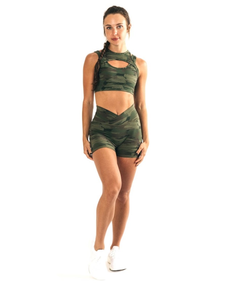 Women's Alphalete Surface Power Short 5" Shorts Olive Canvas Camo | 8260-GILTZ