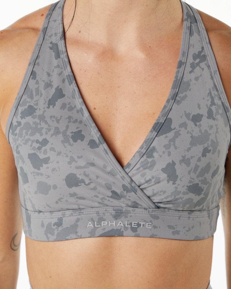 Women's Alphalete Surface Wrap Bra Sports Bra Pebble Print Stone Grey | 8430-YOPDJ