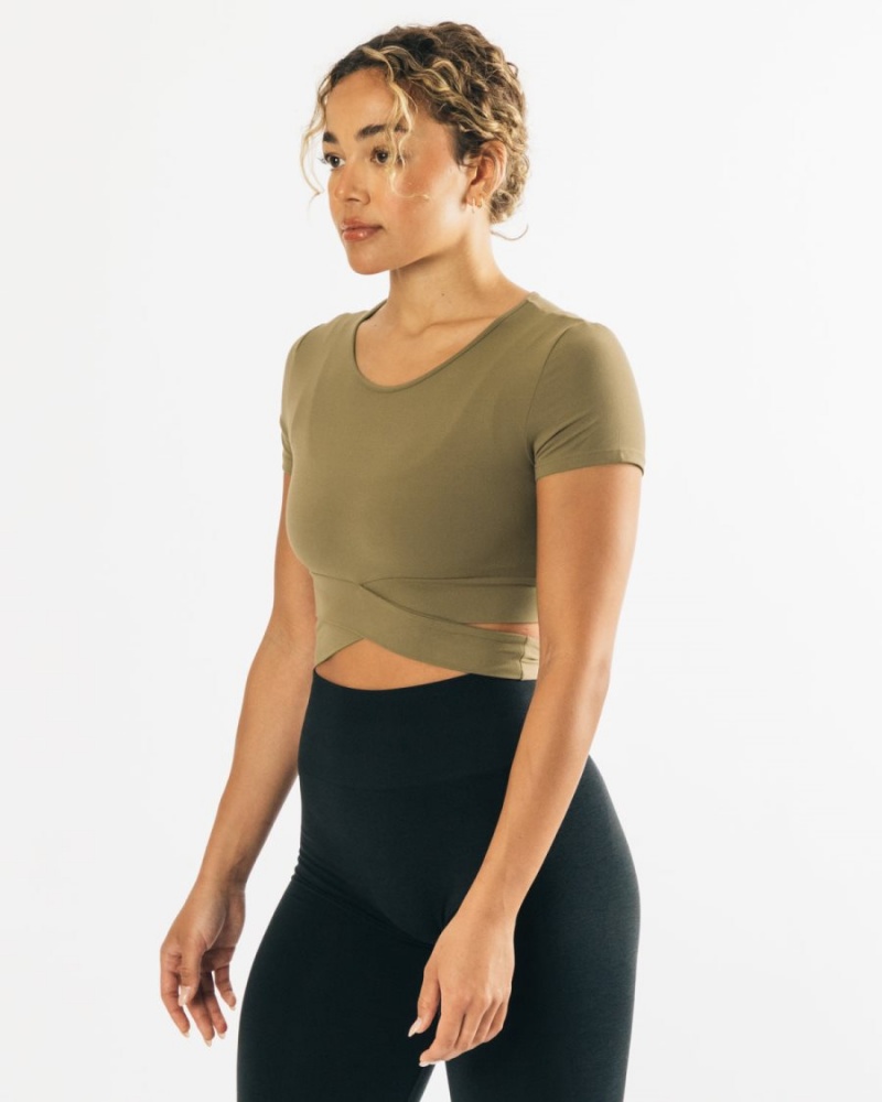 Women's Alphalete Ultrasoft Wrap Tie Top Shirts Olive | 1320-AHCJW