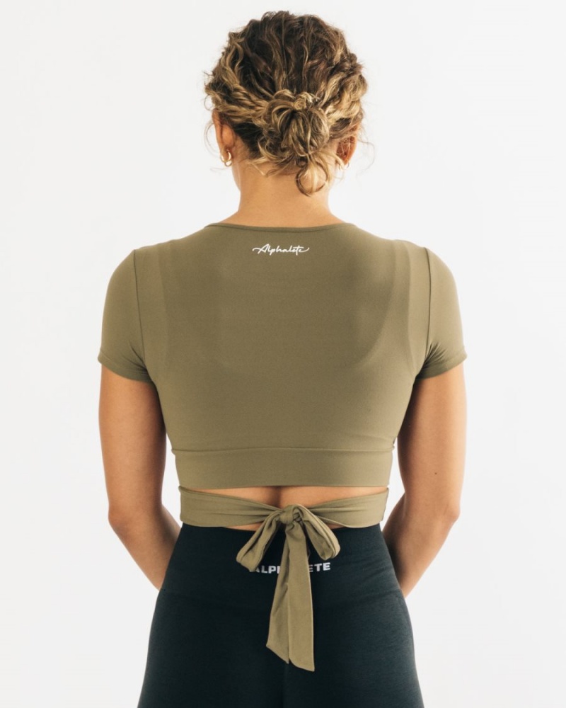 Women's Alphalete Ultrasoft Wrap Tie Top Shirts Olive | 1320-AHCJW