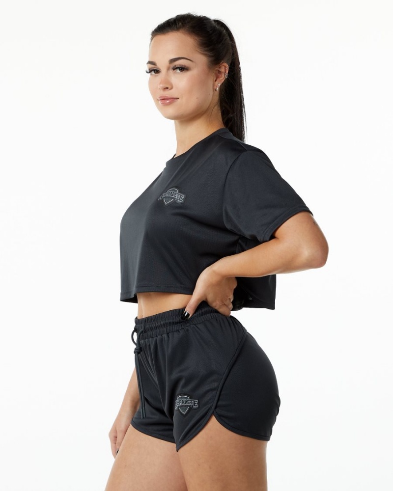 Women's Alphalete Varsity Crop Shirts Black | 3175-RYJXN