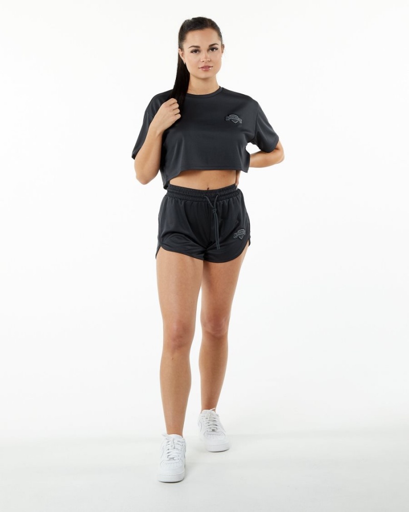 Women's Alphalete Varsity Crop Shirts Black | 3175-RYJXN