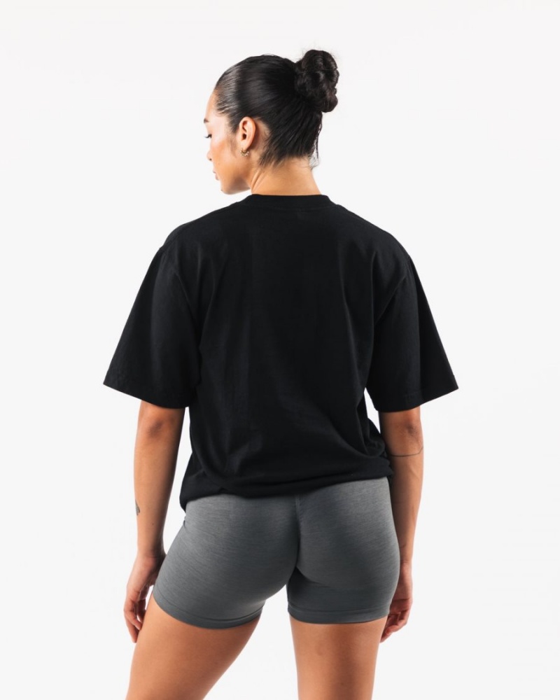 Women's Alphalete Varsity Tee Shirts Black | 1702-DZLBO