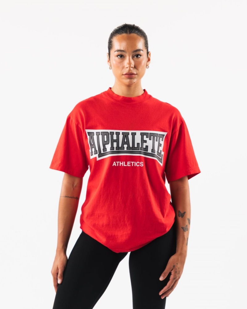 Women's Alphalete Varsity Tee Shirts Red | 6912-FDVCU