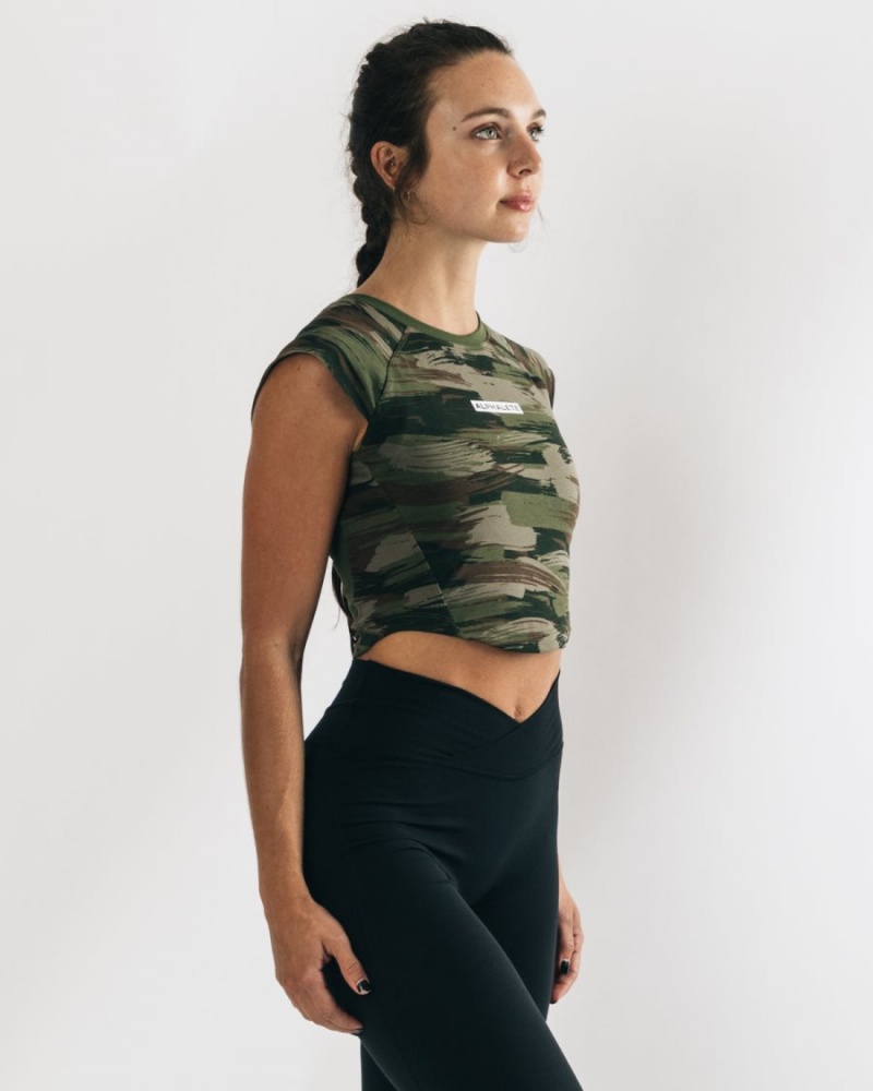 Women's Alphalete Velocity Crop Tee Shirts Olive Canvas Camo | 2845-LUWHG