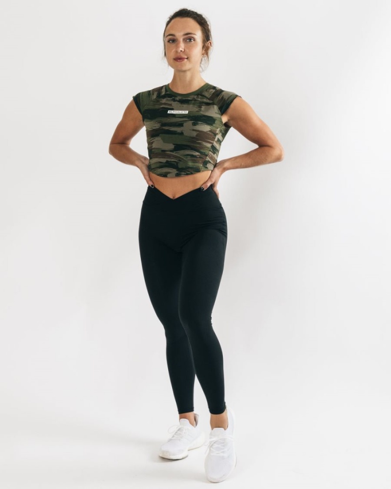 Women's Alphalete Velocity Crop Tee Shirts Olive Canvas Camo | 2845-LUWHG