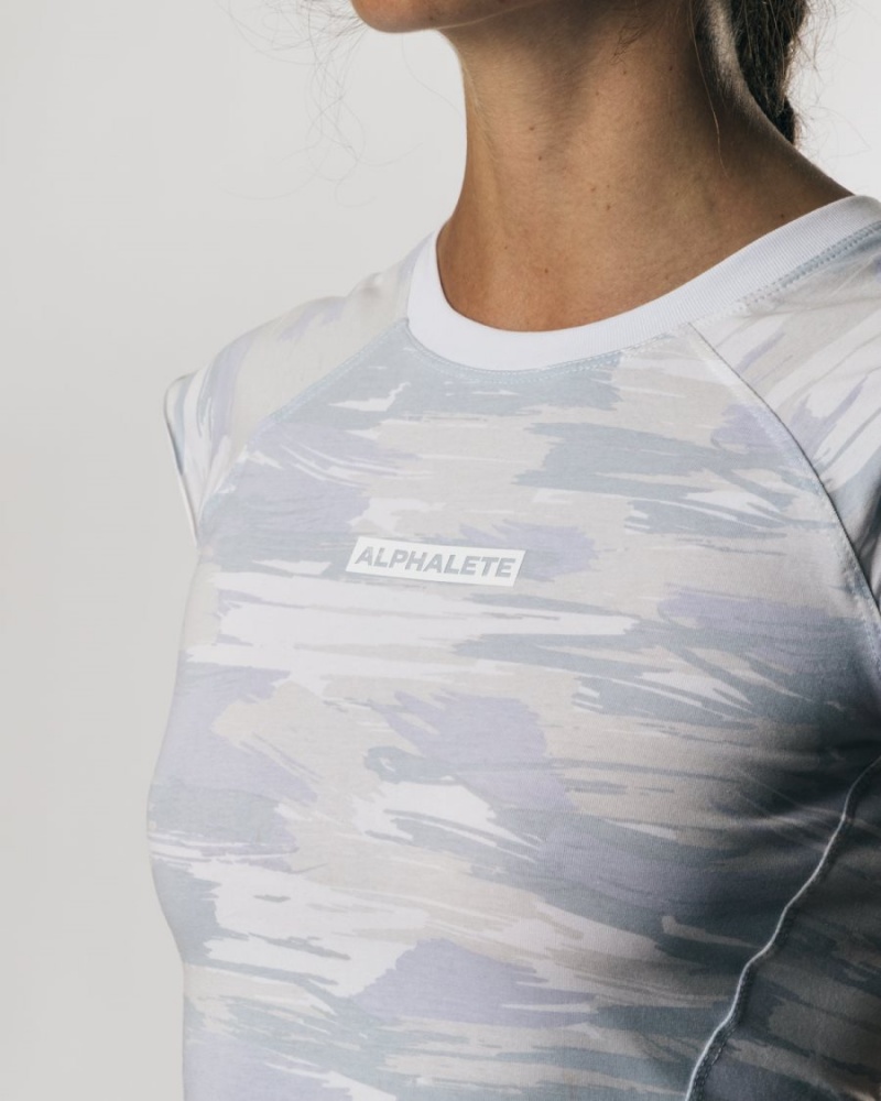 Women's Alphalete Velocity Crop Tee Shirts Arctic Canvas Camo | 2473-PTRBN