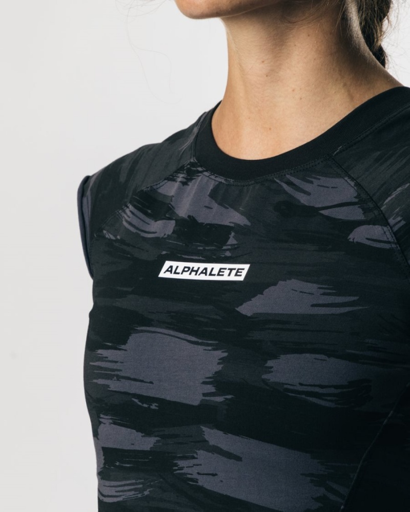 Women's Alphalete Velocity Crop Tee Shirts Black Canvas Camo | 2841-YNGOF